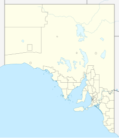 Mapa konturowa Australii Południowej, na dole po prawej znajduje się punkt z opisem „Adelaide”