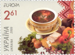 A bowl of borscht together with its usual ingredients featured on Ukrainian postage stamps