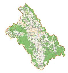 Mapa konturowa powiatu kłodzkiego, na dole po prawej znajduje się punkt z opisem „źródło”, natomiast na dole znajduje się punkt z opisem „ujście”