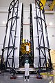 Falcon 9 launch vehicle's payload fairing being attached to NASA's DART spacecraft (LICIACube visible) on 16 November 2021.