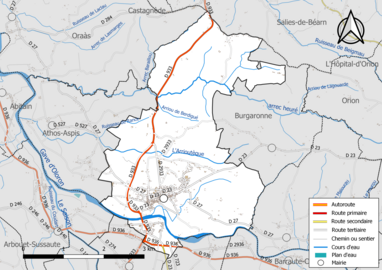 Carte en couleur présentant le réseau hydrographique de la commune