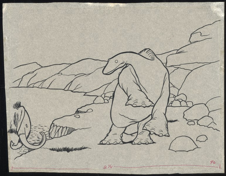 File:Gertie the dinosaur standing on a cliff edge looking at a mastodon.tif