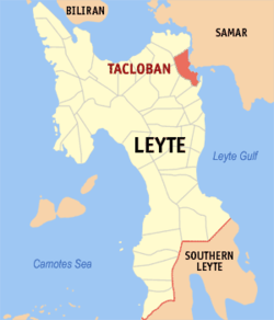 Mapa ng Leyte na nagpapakita ng lokasyon ng Lungsod ng Tacloban.