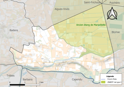 Carte de la ZNIEFF de type 2 sur la commune.