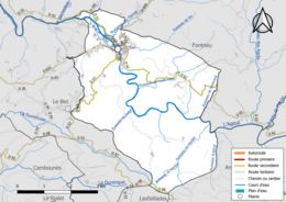 Carte en couleur présentant le réseau hydrographique de la commune