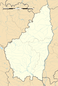 Mapa konturowa Ardèche, blisko centrum na prawo znajduje się punkt z opisem „Pourchères”