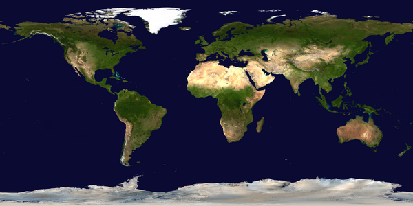 Composite photo of Earth without clouds as of 2002 by NASA.