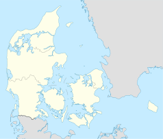 Mapa konturowa Danii, u góry po lewej znajduje się punkt z opisem „Hjørring Stadion”