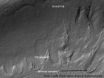 Gullies in a crater in Eridania, north of the large crater Kepler. Also, features that may be remains of old glaciers are present. One, to the right, has the shape of a tongue. Image taken with Mars Global Surveyor, under the MOC Public Targeting Program.