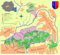 Detailed and bilingual Romanian-German map depicting the Transylvanian Saxon seats and historical lands in Transylvania.