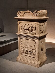 Roman volutes at the top of a funerary altar, 25-50 AD, marble, Terme di Diocleziano, Rome