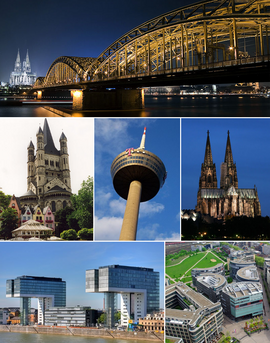 From top left to bottom: Hohenzollern Bridge by night, Great St. Martin Church, Colonius TV-tower, Cologne Cathedral, Kranhaus buildings in Rheinauhafen, MediaPark, people celebrating Cologne Carnival, and Kölnarena.