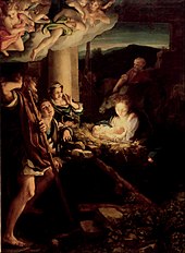 Nativity scene with angels and cherubs in the upper left-hand corner. Light is emanating from the center of the picture, where the Christ child is positioned, creating shadows and light all around the central group of Mary and the shepherds. Joseph and some animals are in the background.