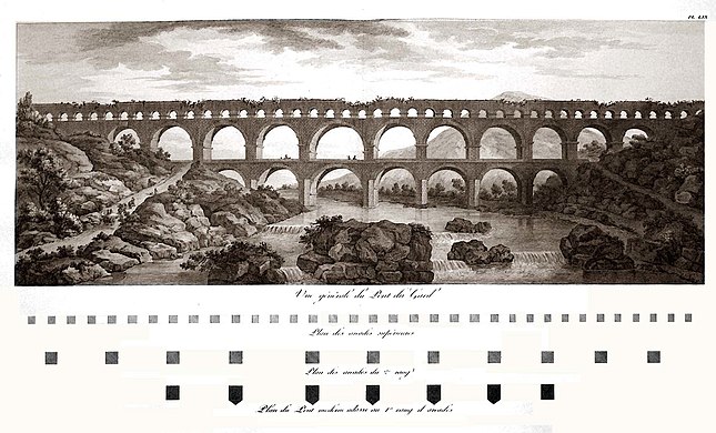 Gravure de Charles-Louis Clérisseau en 1804, montrant l'état fortement dégradé du pont à cette date.