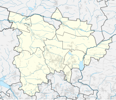 Mapa konturowa powiatu tarnogórskiego, w centrum znajduje się punkt z opisem „Strzybnica”