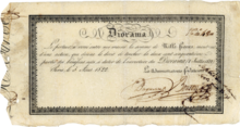 Aktie der Société d’exploitation du Diorama de Paris über 1000 Francs, ausgegeben am 3. August 1822, im Original unterschrieben von den beiden Erfindern und Gründungsvorständen Charles Marie Bouton und Louis Daguerre. Der Inhaber der Aktie hatte das Recht auf den zweihundertfünfzigsten Anteil der Nettogewinne ab der Eröffnung des Dioramas am 11. Juli 1822.