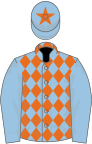 Light blue and orange diamonds, light blue sleeves and cap, orange star