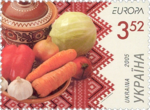 A bowl of borscht together with its usual ingredients featured on Ukrainian postage stamps