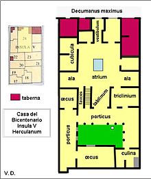 plan, bassin intérieur en bleu, jardin en vert, multiples pièces autour