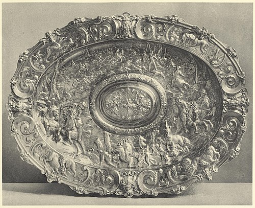 Ovale Prunkschüssel mit einer Hirschjagd, getrieben von Elias Geyer, Meister in Leipzig 1589