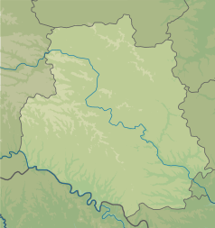 Mapa konturowa obwodu winnickiego, po lewej znajduje się punkt z opisem „źródło”, natomiast na dole nieco na lewo znajduje się punkt z opisem „ujście”