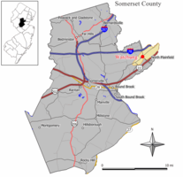 Location of Watchung in Somerset County highlighted in yellow (right). Inset map: Location of Somerset County in New Jersey highlighted in black (left). Interactive map of Watchung, New Jersey