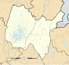 Mapa konturowa Ain, po lewej znajduje się punkt z opisem „Monthieux”