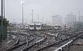 Pemandangan depot LRT Ampang di waktu pagi dari platform pulau di stasiun LRT Ampang.