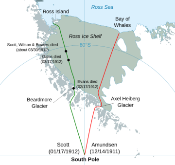 Map of a segment of Antarctica, identifying the polar Marches of Scott and Amundsen.