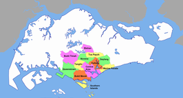 Queenstown (groen in het westen aan de kust) als een van de wijken van Central Region