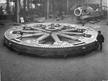 Flywheel for a large rolling mill engine 1900; the heavy rim is cast in four sections bolted together at the rim. Top right, the trunk guide and bedplate of the engine under manufacture, beyond the bedplate is the flywheel and connecting rod of a small horizontal steam engine.[78][118]