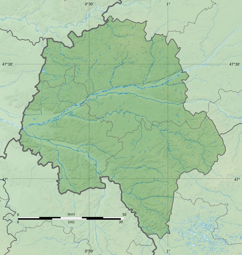 Carte en couleurs et légendée représentant des édifices religieux au sein d'un territoire et symbolisés par des ronds blancs surmontés d'une croix.