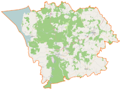 Mapa konturowa powiatu goleniowskiego, blisko centrum na dole znajduje się punkt z opisem „Goleniów”