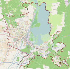 Mapa konturowa Szczecina, blisko centrum na lewo znajduje się punkt z opisem „Polska Żegluga Morska”