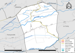 Carte en couleur présentant le réseau hydrographique de la commune