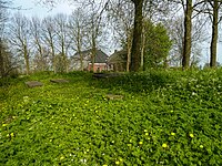 Zerken op het kerkhof met op de achtergrond boerderij Menkeweer