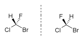 Structuurformule van beide enantiomeren van broomchloorfluormethaan