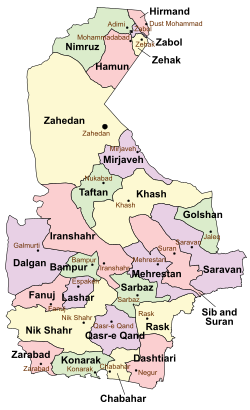 Location of Taftan County in Sistan and Baluchestan province (center, green)