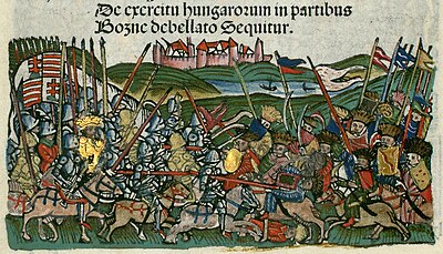 Chronica Hungarorum, Thuróczy chronicle, King Sigismund of Hungary, Bosnia, Hungary, campaign, battle, fight, horses, armored soldiers, cavalry, Hungarian flag, Hungarian coat of arms, medieval, Hungarian chronicle, book, illustration, history