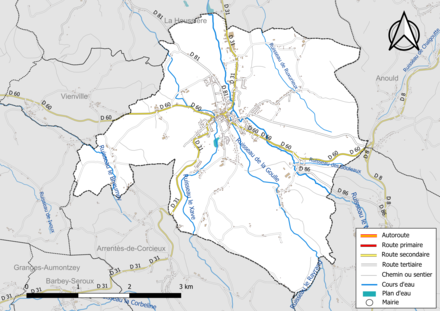 Carte en couleur présentant le réseau hydrographique de la commune