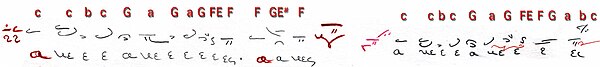 Hence, you descend four steps from echos tritos 4 steps [c—c—b—c—G—a—G—a—G—F—E—FF] and you will find its plagios which is called 'grave' (βαρύς), this way [F—G—E#—FF].