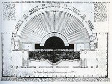 plan, gradins hémisphérique, orchestre en noir, scène en gris foncé.