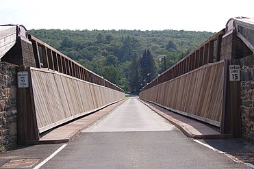 A view down the one-lane bridge