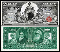 $2 Silver Certificate, Series 1896, Fr.1896, depicting allegory entitled "Science Presenting Steam and Electricity to Commerce and Manufacture"