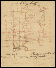 A hand drawn map of Perry County from 1842 depicting the county's streams, roads, and the settlements of Beardstown and Perryville.