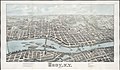 Bird's eye view of Troy from 1877 showing the rail line across the bridge curving towards the right to the rebuilt Union Station