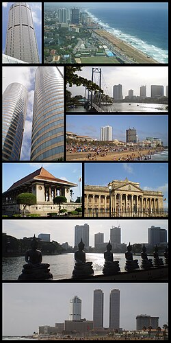 Paikot mula sa itaas kaliwa: BOC Tower, Colombo Skyline, Colombo Skyline (Gangaramaya Temple), Colombo Skyline (Galle Face), Old Parliament, Colombo Skyline (Gangaramaya Temple), BOC Tower and WTC Twin Tower, Independence Square, WTC Twin Tower