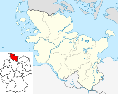 Mapa konturowa Szlezwika-Holsztynu, po lewej nieco u góry znajduje się punkt z opisem „Garding”