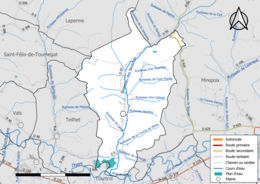 Carte en couleur présentant le réseau hydrographique de la commune