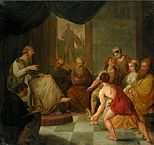 Diogenes brengt een geplukte haan naar Plato (19de eeuw)